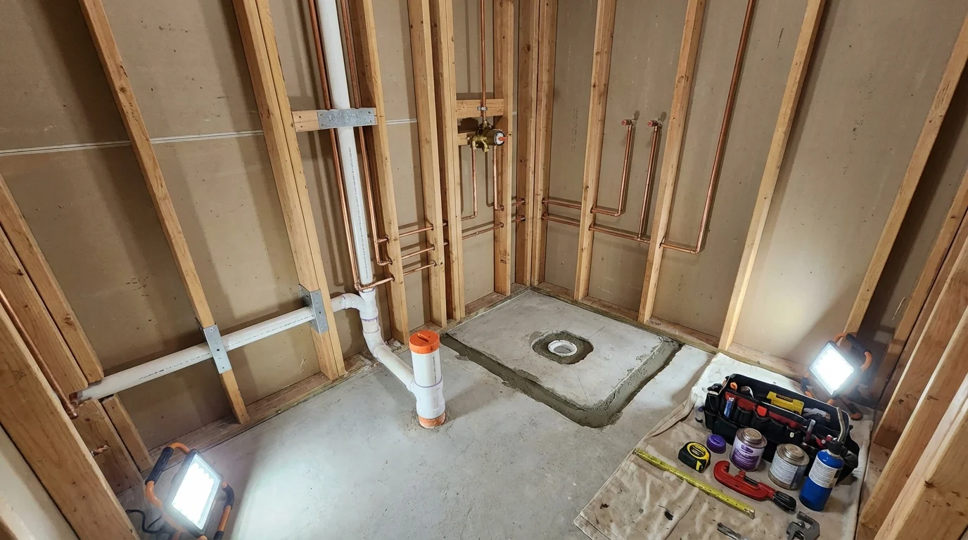 Bathroom rough-in plumbing during remodel by Johns Plumbing LLC in Sharon