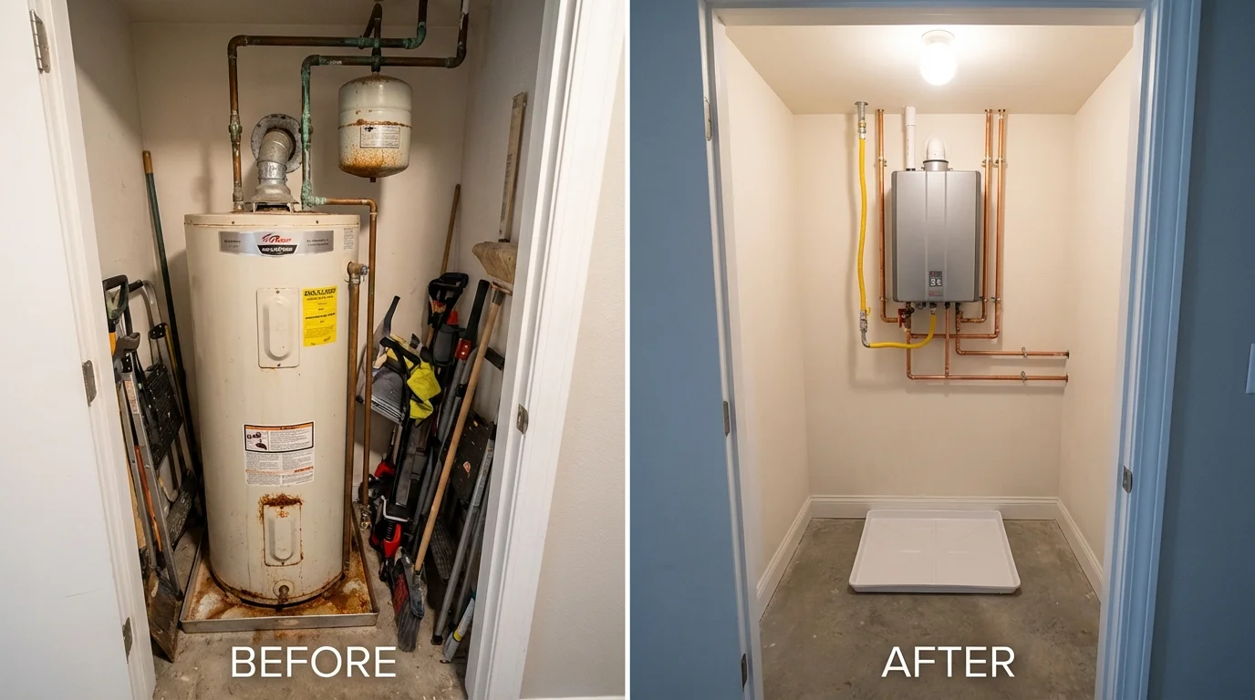 Tank water heater versus wall-mounted tankless unit comparison for Sharon, WI homeowners