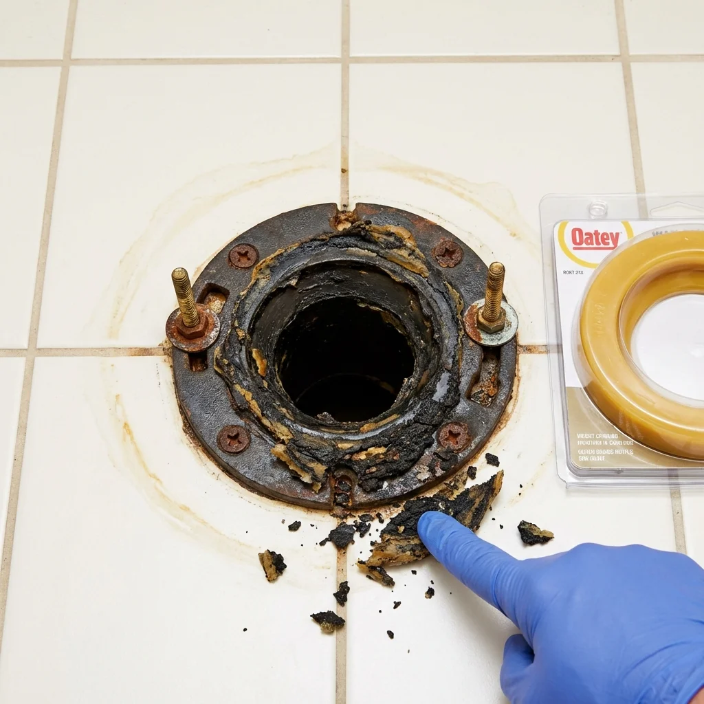 Failed wax ring showing water seepage at the base of a toilet in a Sharon, WI home