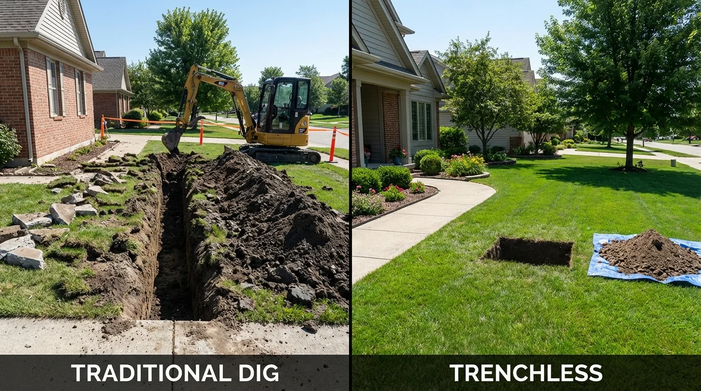 Trenchless sewer repair with minimal yard damage versus traditional excavation in Sharon, WI
