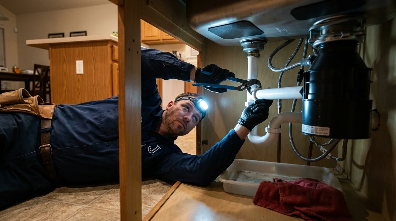 P-trap and supply line connections under a kitchen sink showing a common leak point in Sharon, WI